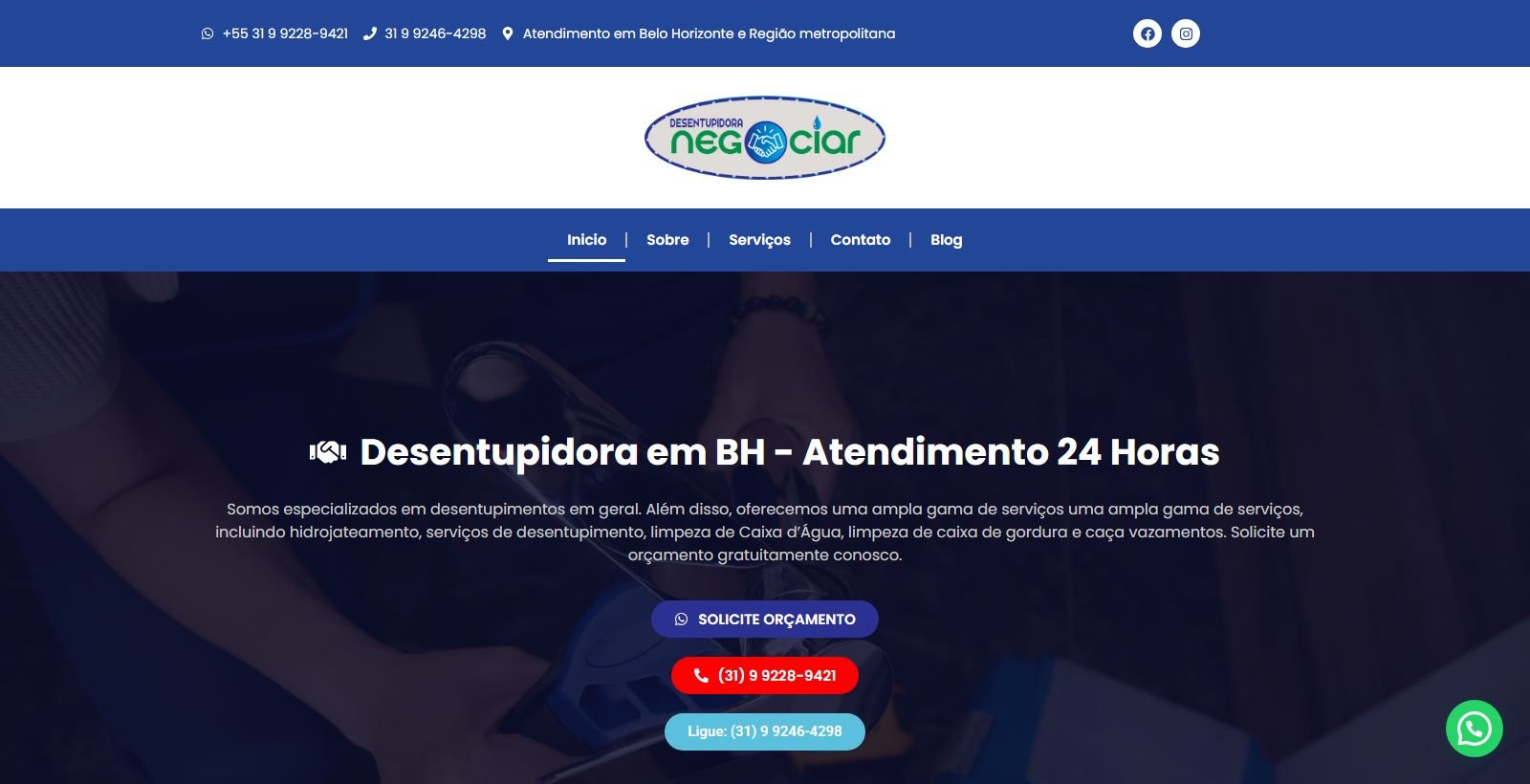 Site desenvolvido para Desentupidora Negociar, versão desktop
