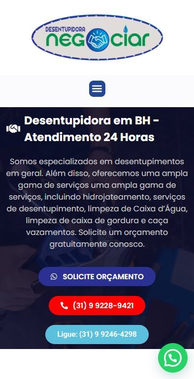 Site desenvolvido para Desentupidora Negociar, versão mobile