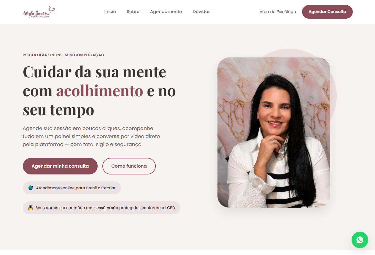 Landing page desenvolvida para Sheyla Bandeira, versão desktop