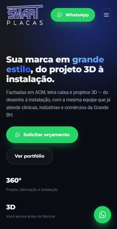 Site desenvolvido para Smart Placas e Toldos, versão mobile