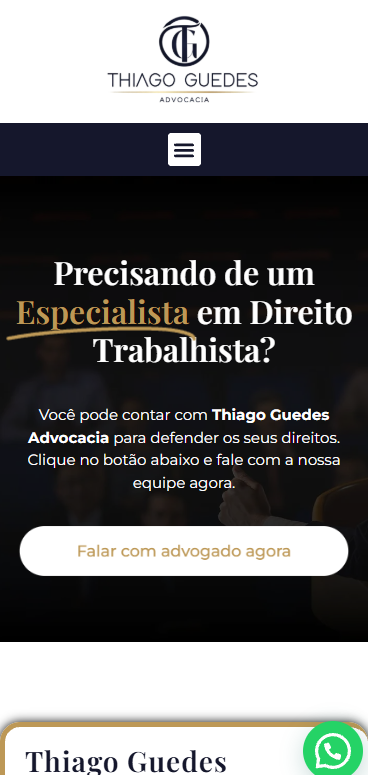 Site desenvolvido para Thiago Guedes Advocacia, versão mobile